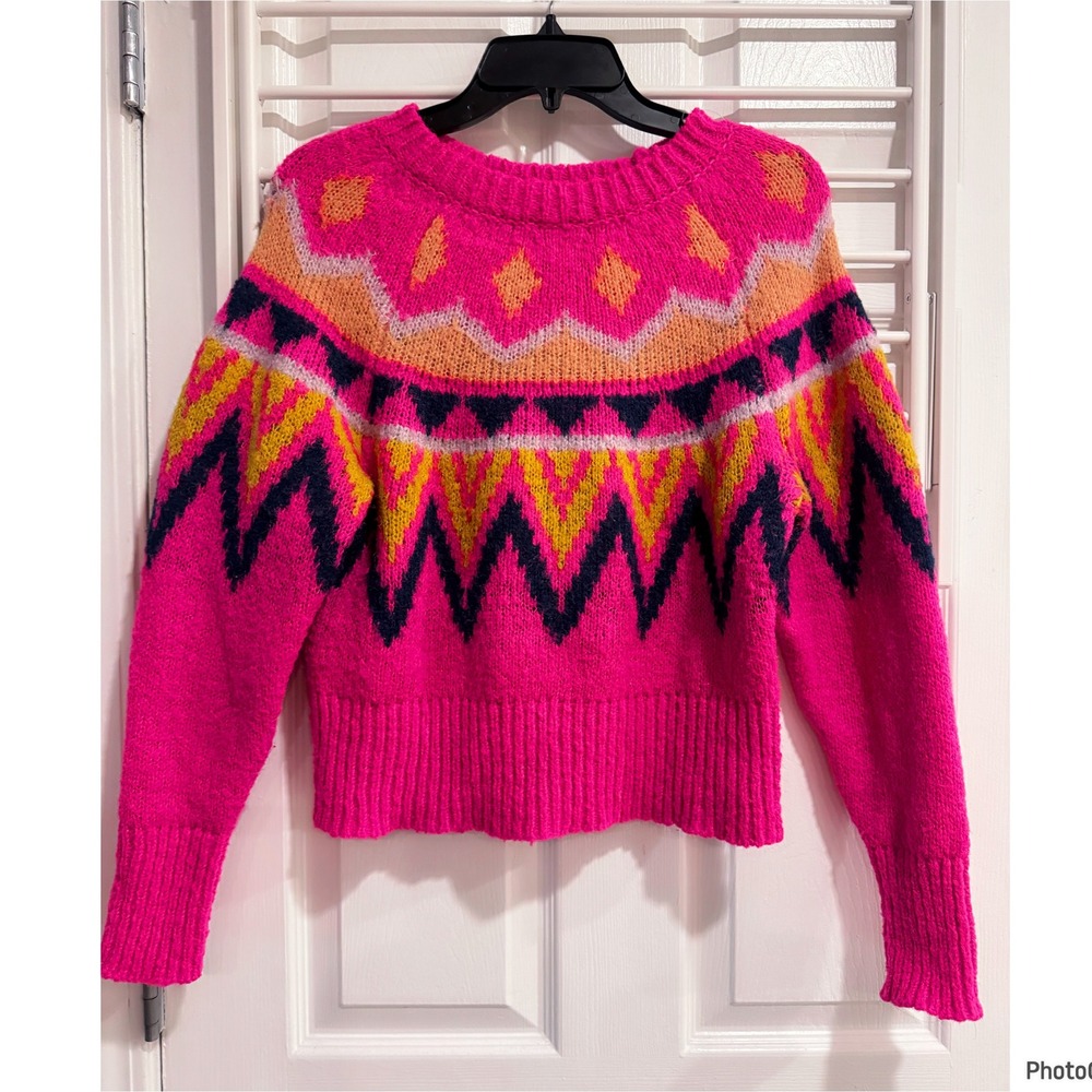 A New Day Pink Navy Fair Isle Knit Pullover Crewneck Sweater Xsmall